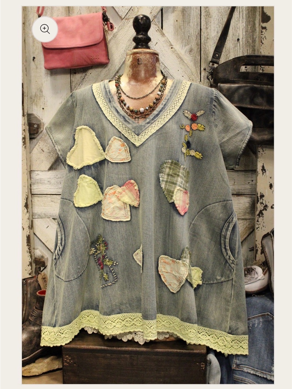 NWOT. Boho Denim V-Neck Tunic with Lace & Patchwork Hearts